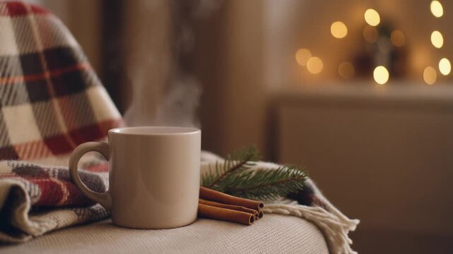 Cozy Retro Christmas Scene with a Steaming Mug of Hot Cocoa and Cinnamon on a Soft Blanket, Winter Lifestyle Background
