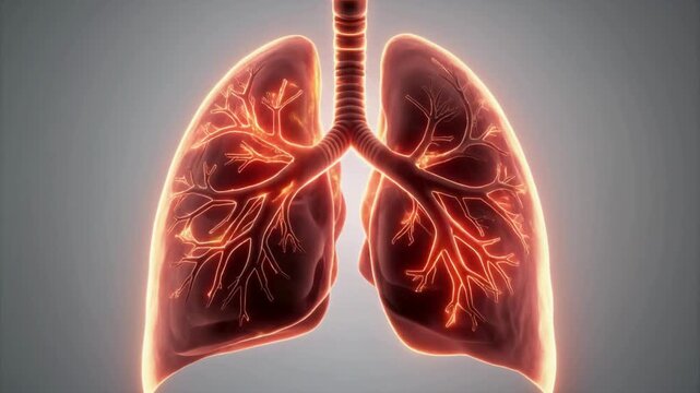 Human lungs breathing animation featuring glowing bronchi tubes inside isolated grey clinical background.