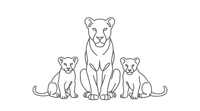 Minimalist line art vector illustration featuring a majestic lioness and her two adorable cubs