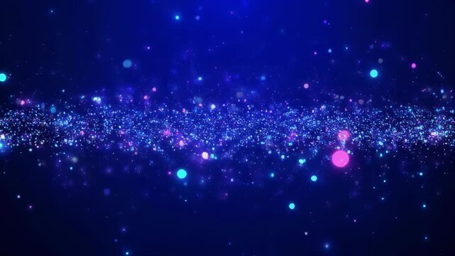 Sparkling blue dust with pink and cyan particles drifts across a dark expanse during a cosmic event
