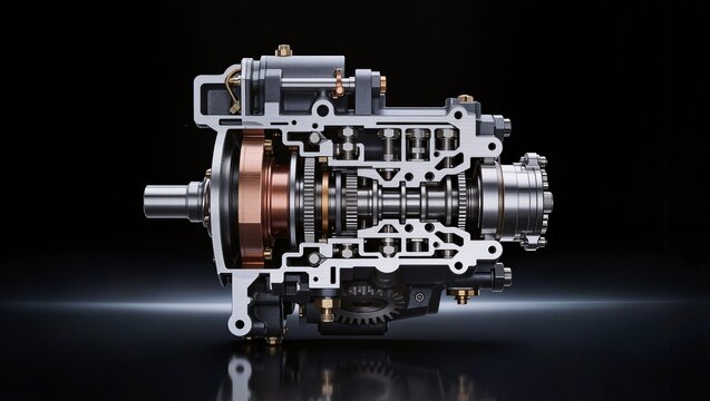 Splined multi-shaft automatic gearbox with copper torque converter cross-section, black background