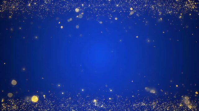Sparkling gold dust particles float gently against a deep blue gradient background with subtle bokeh