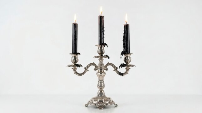 Ornate Silver Candelabra With Black Candles