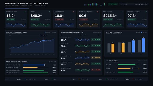 Explore a modern executive financial scorecard dashboard animation showcasing key performance indicators for corporate strategy and business analytics in a polished dark mode design.