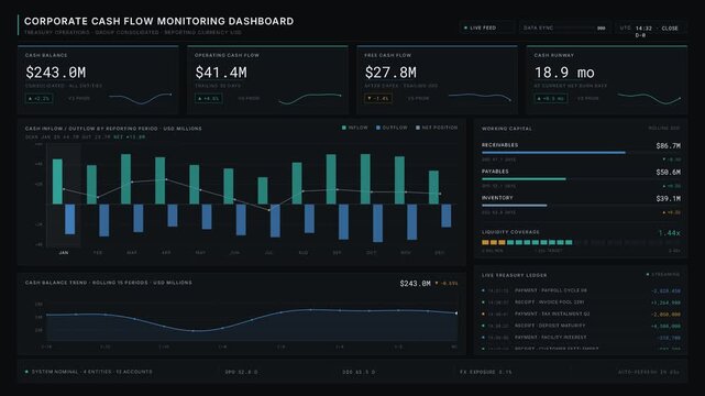 A realistic corporate cash flow monitoring dashboard animation featuring dark mode interface, KPI cards, and live reporting for enterprise finance management.