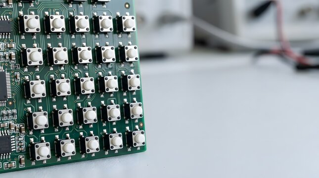miniature tactile switch array mounted on compact circuit board for electronic control panels, interface design, embedded devices, industrial equipment and user input systems