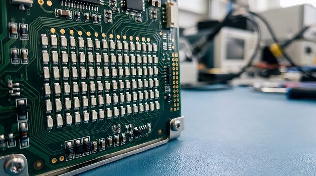 miniature surface mount led array installed on industrial indicator circuit board for status display, machine monitoring, electronic instrumentation and automation equipment