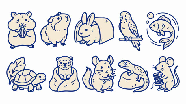 Minimalist pet animal icons, 10 cute domestic pet vector illustrations, blue line art small animals set for veterinary branding