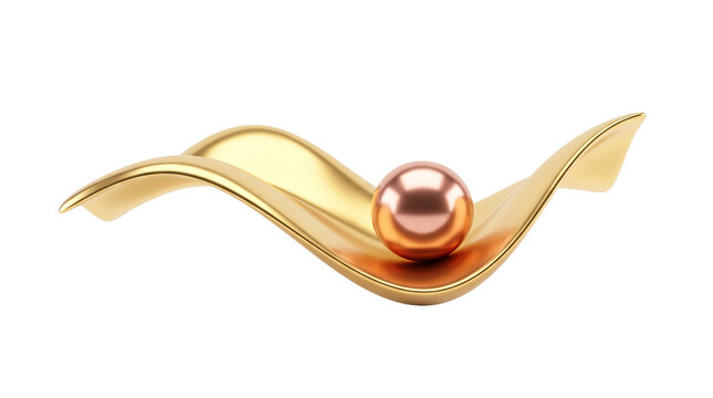 Golden abstract wave with metallic sphere, luxury 3d render of flowing gold ribbon and copper ball, elegant minimal design element