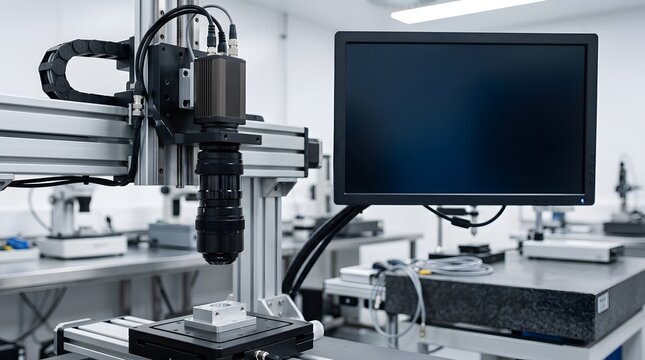 telecentric lens mounted on precision machine vision inspection system for industrial quality control dimensional measurement and automated manufacturing