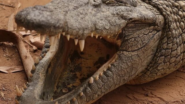 Large crocodile opens mouth showing sharp teeth slow motion close up dangerous predator.