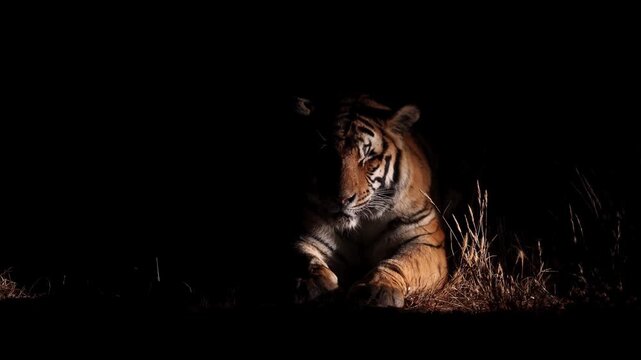 Majestic tiger resting at night in spotlight on dark background cinematic wildlife animal motion footage.