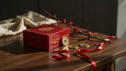 Traditional chinese new year gift box with red ribbon and gold coins on a wooden table © Sahinur