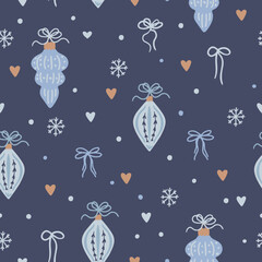 Fototapeta premium Ornate Glass Christmas Ornaments and Bows Seamless Pattern on Slate Blue Background