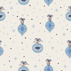 Fototapeta premium Pastel Light Blue Glass Christmas Ornaments Seamless Pattern on Off-White Cream Background