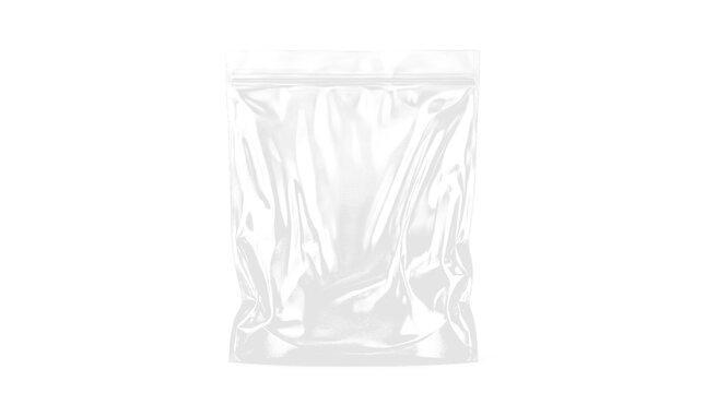 Translucent wrinkled plastic ziplock packaging bag mockup standing on a transparent background