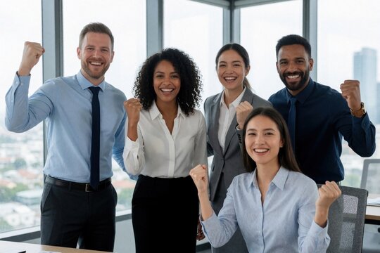 Diverse business team celebrates success with raised fists in modern office. Professionals share joy and achievement at work. Group displays unity, motivation, and strong teamwork.