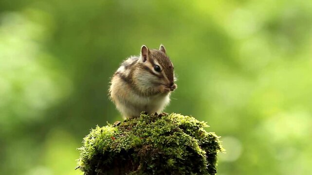 Small chipmunk eating seeds while sitting on green mossy stump in sunny forest during summer time footage.