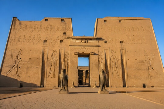 Edfu Temple Pylon Gateway With Falcon Statues Of Horus