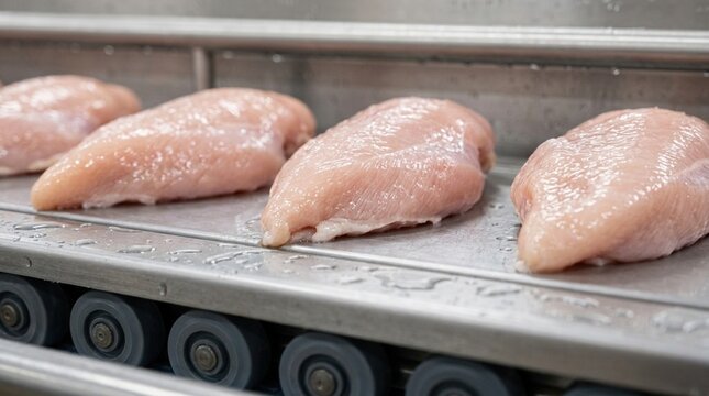 Raw fresh chicken breast fillets moving on stainless steel conveyor belt in modern food processing factory