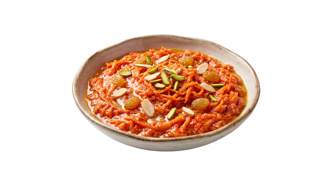 Traditional Gajar ka Halwa in ceramic bowl, Indian carrot pudding with nuts and raisins, sweet orange dessert for festivals isolated PNG with Transparent Background