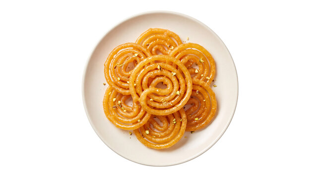 Traditional Indian jalebi sweets on ceramic plate, golden orange spiral desserts with pistachio garnish, crispy deep fried syrup snacks isolated PNG with Transparent Background