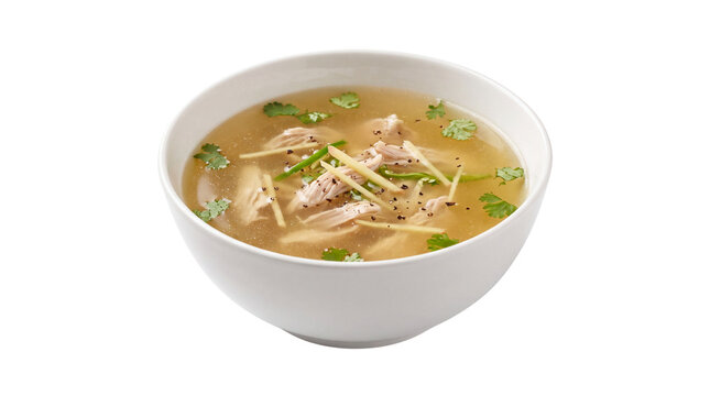 Clear chicken soup with ginger and cilantro in white bowl, healthy bone broth with meat, nutritious homemade poultry consomme isolated PNG with Transparent Background