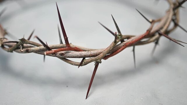 Crown of thorns slow panning shot on white background symbolizing religious sacrifice and christian faith.
