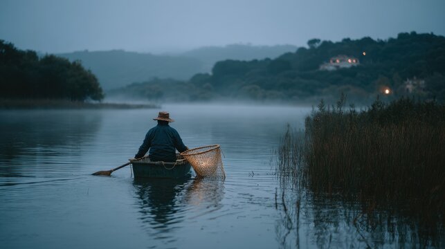 Lone Fisherman Row Boat on Serene Lake at Dawn - Tranquil Water Scenery