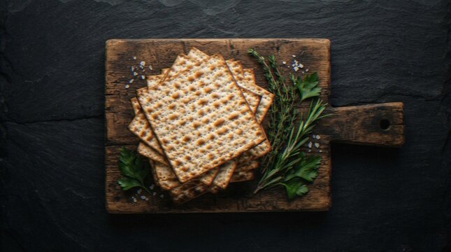 A top-down view of a stack of matzah bread on a rustic wooden cutting board, garnished with fresh rosemary and parsley on a dark slate background.