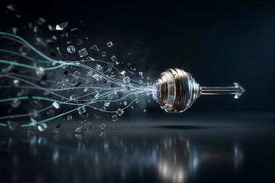 Futuristic data transmission concept featuring a metallic connector with flowing digital streams, symbolizing connectivity, communication, technology, and network innovation infrastructure.