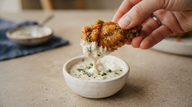 A close-up shot of a hand dipping a piece of crispy fried chicken into a small bowl of creamy ranch dipping sauce with herbs on a neutral kitchen countertop.