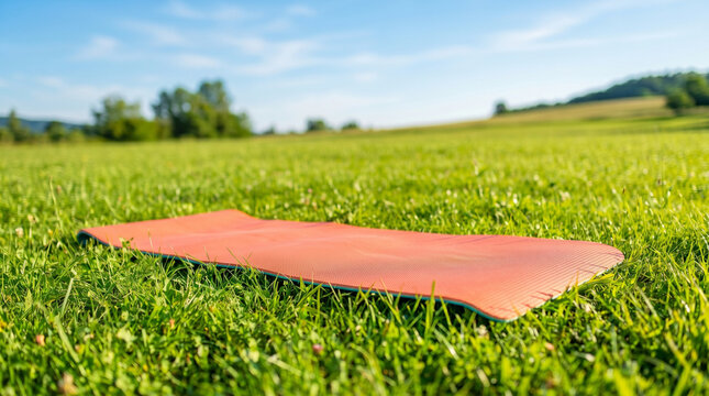 Orange exercise mat on green field under blue sky in summer  