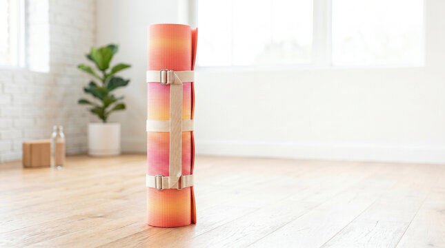 Rolled-up exercise mat in bright colors on wooden floor indoors  