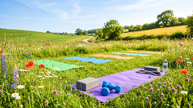 Outdoor yoga fitness classes on a colorful mat in a sunny meadow  