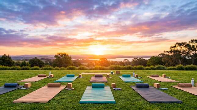 Outdoor yoga fitness classes at sunset on grassy field  