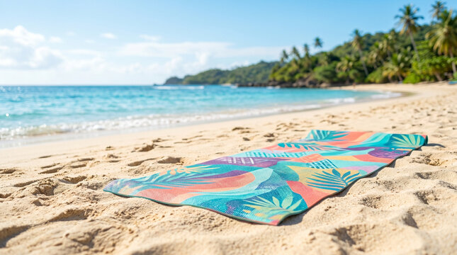 Exercise mat on beach sand with tropical pattern near ocean  