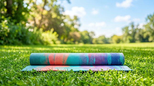 Yoga mat on green grass in sunny outdoor setting for yoga practice  