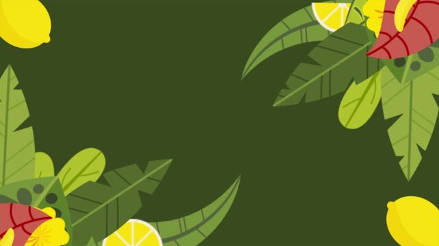 Tropical leaves and fresh lemons frame background motion graphics