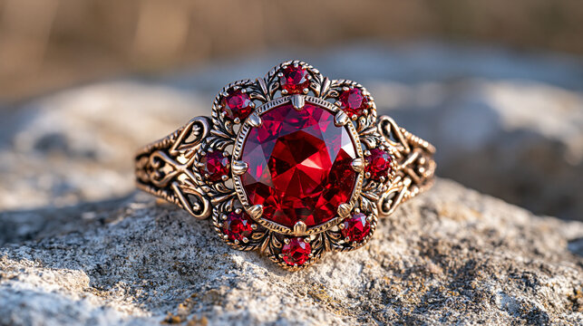 A single antique ruby brooch resting on dry fieldstone in a quiet pastoral valley, morning light catching facets, rural estate background, immigration document forms partially visible beside it, hei