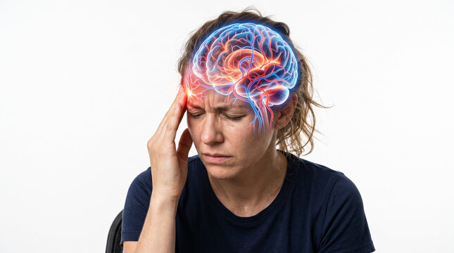 Woman pressing temple with glowing anatomical brain overlay showing migraine