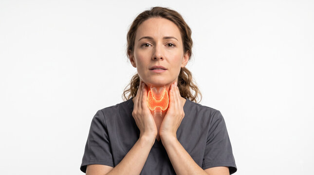 Woman cupping throat with glowing anatomical thyroid overlay showing sore throat