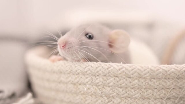Tiny gray rat relaxes inside a woven basket and observes its surroundings during the morning time with big curious eyes and soft whiskers