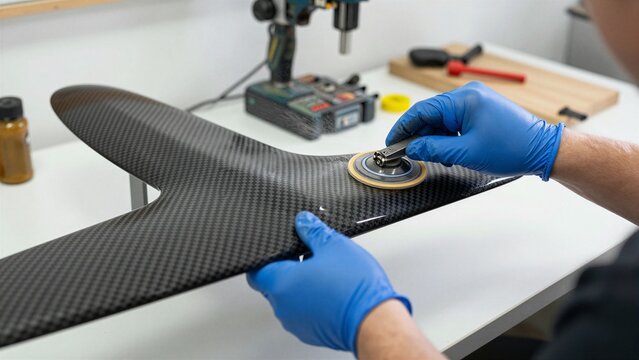 A technician sands a carbon fiber wing with precision tools on a clean workbench, showcasing craftsmanship and material refinement.