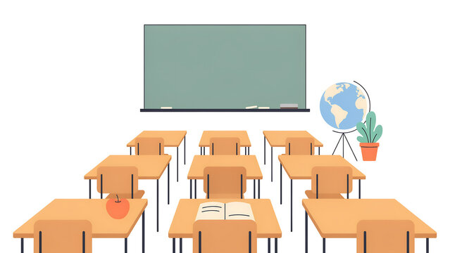 Flat vector illustration of an empty classroom interior with wooden desks, green blackboard and globe. Back to school concept for education and learning. School supply collection.