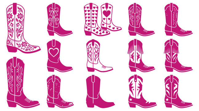 A collection of pink western cowboy boots for a breast cancer awareness vector bundle featuring floral heart and fringe design elements