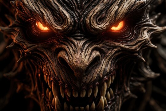 Close up monster face with glowing orange eyes and sharp teeth. Creature has detailed wood like texture and menacing expression. Dark fantasy art. Fierce demonic beast.