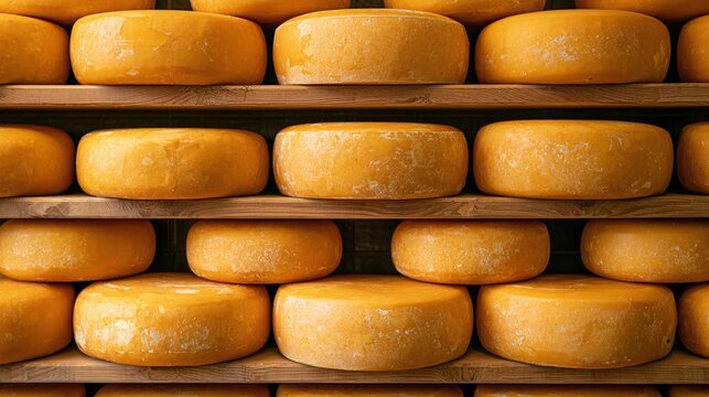 Rows of artisanal cheese wheels mature on rustic wooden shelves in a dimly lit aging cellar, showcasing a rich, golden texture and traditional craftsmanship, evoking a sense of history and quality