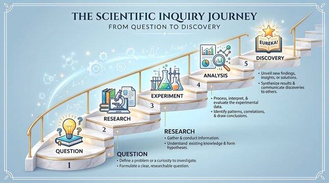 Scientific inquiry journey infographic visualizing five progressive steps from initial question to final academic discovery