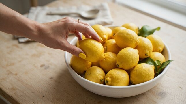 A close-up of a person's hand picking a fresh yellow lemon from a ceramic bowl filled with lemons on a rustic wooden table.